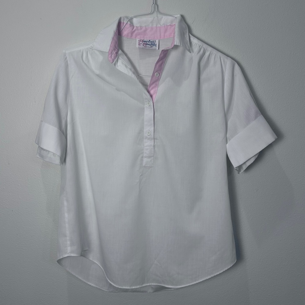 Vintage American Spectator Made‎ In USA Women White Pink Short Sleeve Shirt M